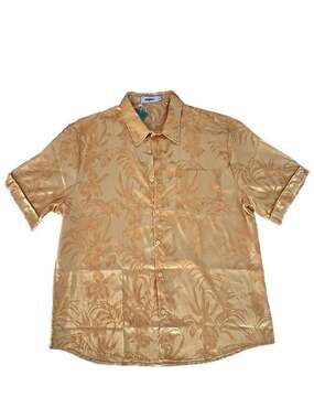Men's Floral Jacquard Short Sleeve Button Down Satin Shirt in Gold